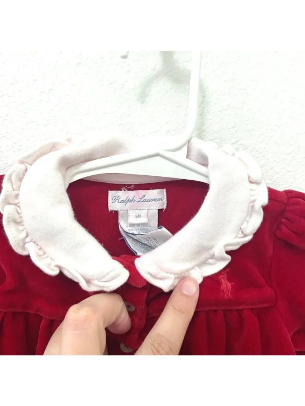 Ralph Lauren Ruffle Collar Long Sleeve Red Velvet Dress Size 6M Holiday Heirloom
